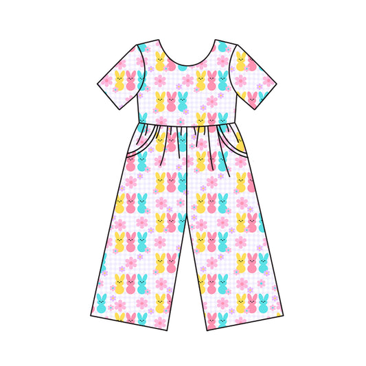 Preorder (moq 5)Baby Girls Easter Rabbits Flowers Pockets Jumpsuits