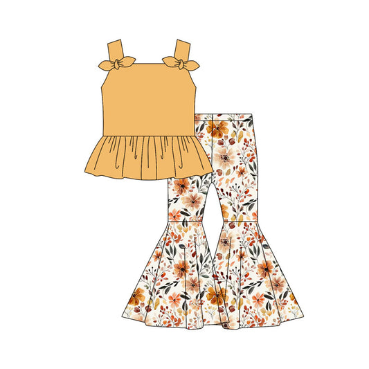 Preorder moq 5 Baby Girls Yellow Strap Bows Tunic Flowers Bell Bottom Pants Set