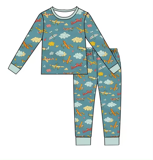 Baby Boys Plane Long Sleeve Shirt Pants Pajamas Clothes Sets Preorder(moq 5)