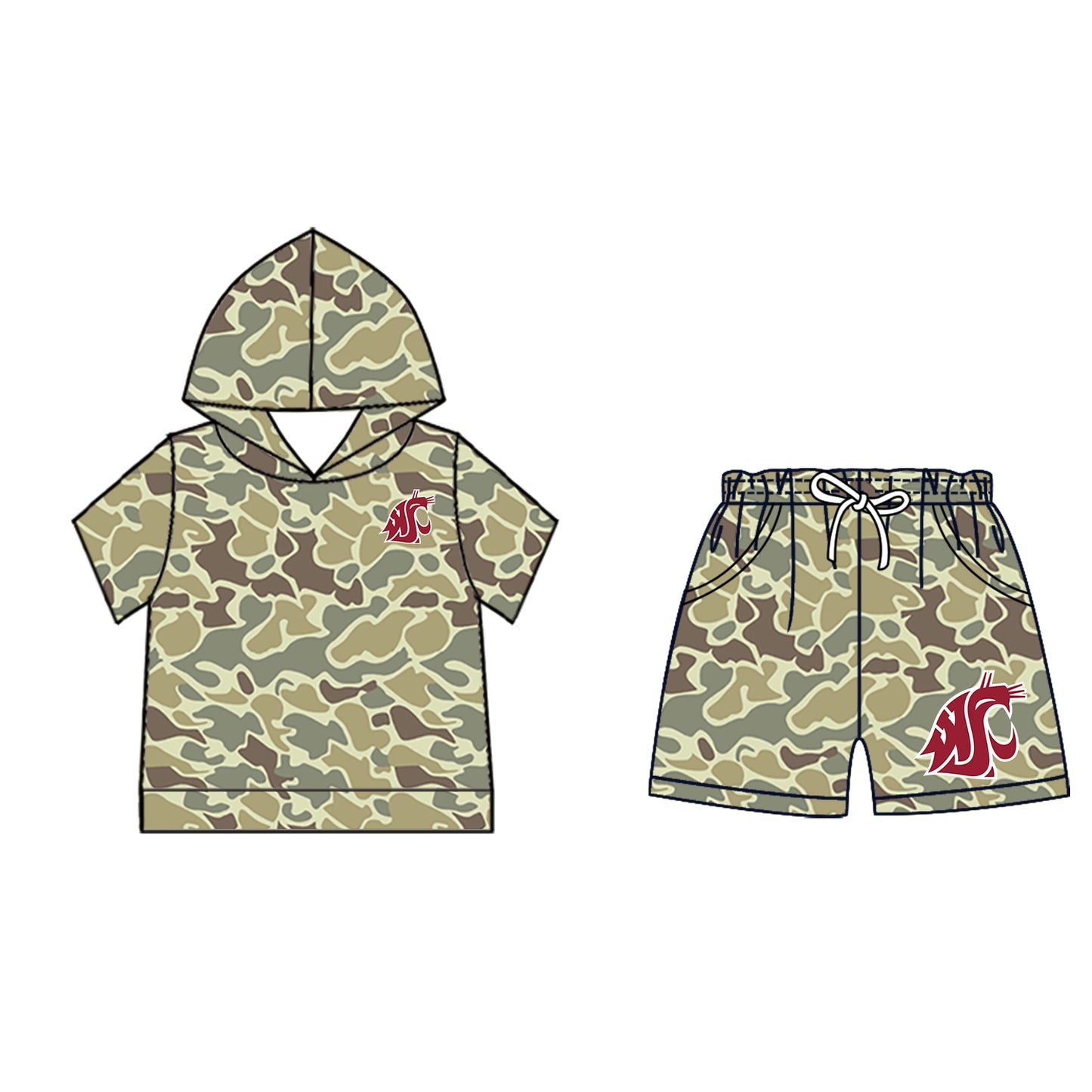 Preorder (moq 5)Baby Boys Khaki Camo WSU Hoodie Pockets Short Team Clothes Set