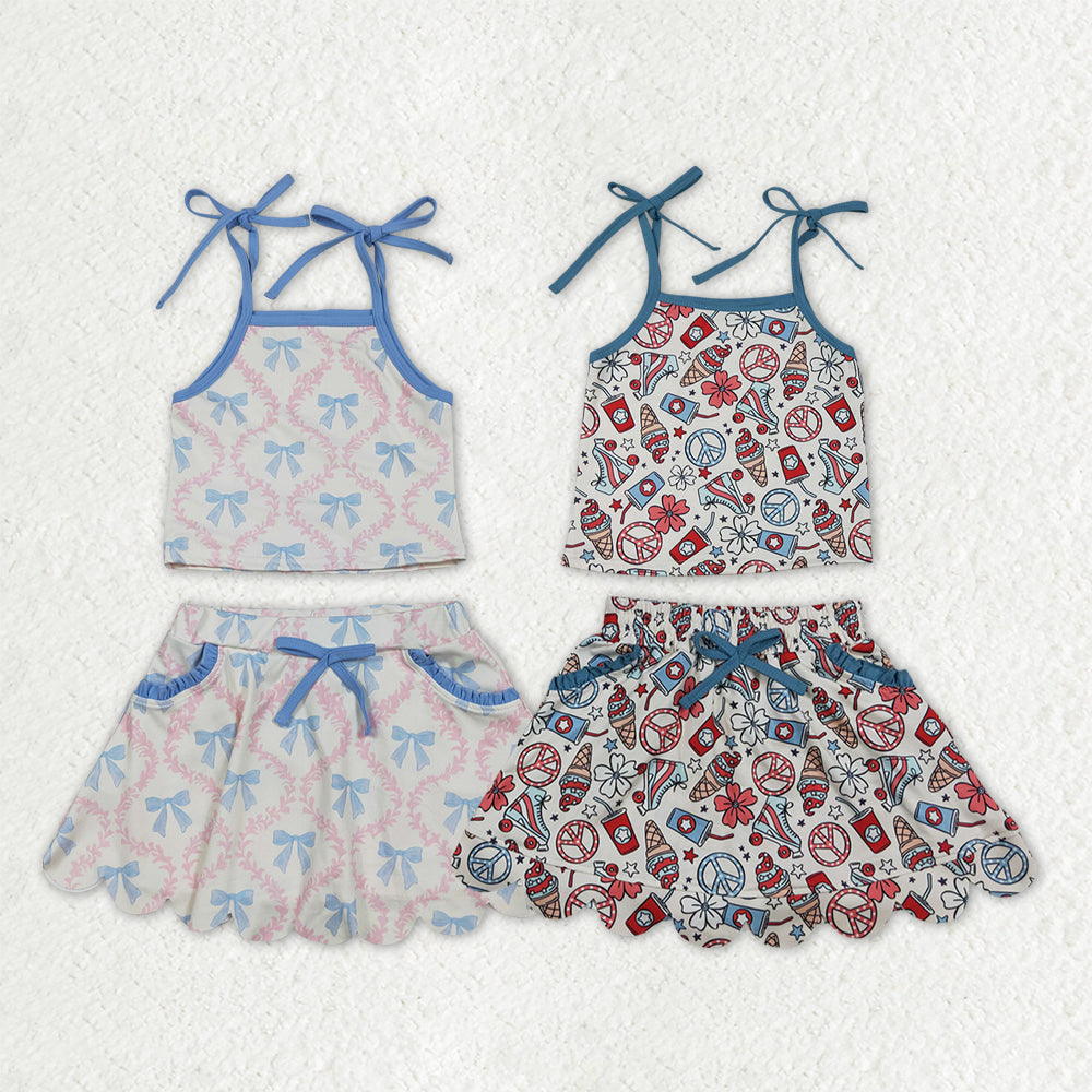 Sibling Baby Girls Strap Bows Checked Coffee Popsicle Top Pockets Skirt Shorts Clothes Sets