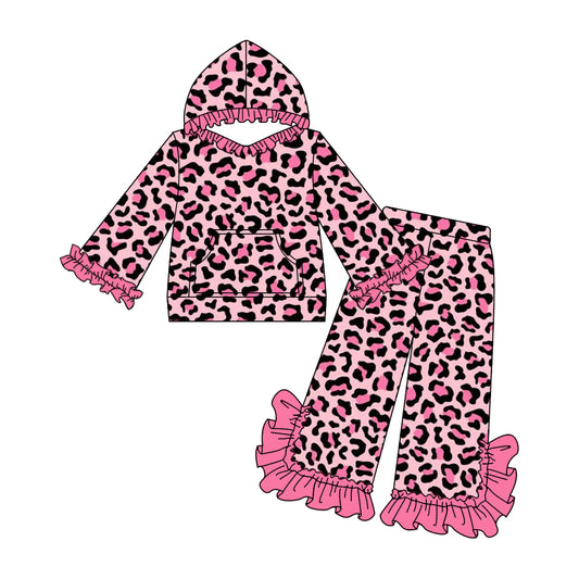 Baby Girls Pink Leopard Hooded Top Bell Pants Kids Clothing Sets preorder(MOQ 5)