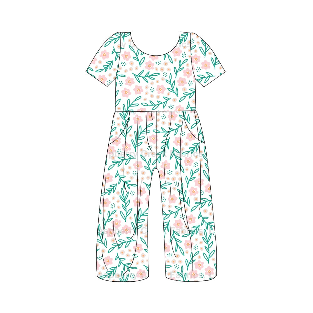 Baby Girls Blue Leaves Flowers Short Sleeve Pants Jumpsuits Preorder(moq 5)