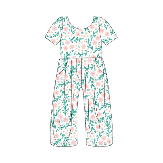 Baby Girls Blue Leaves Flowers Short Sleeve Pants Jumpsuits Preorder(moq 5)