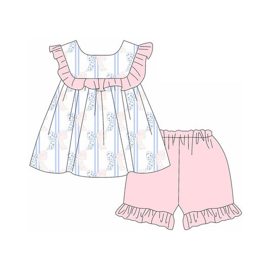 Preorder (moq 5)Baby Girls Pink Bows Tunic Ruffle Shorts Clothes Sets