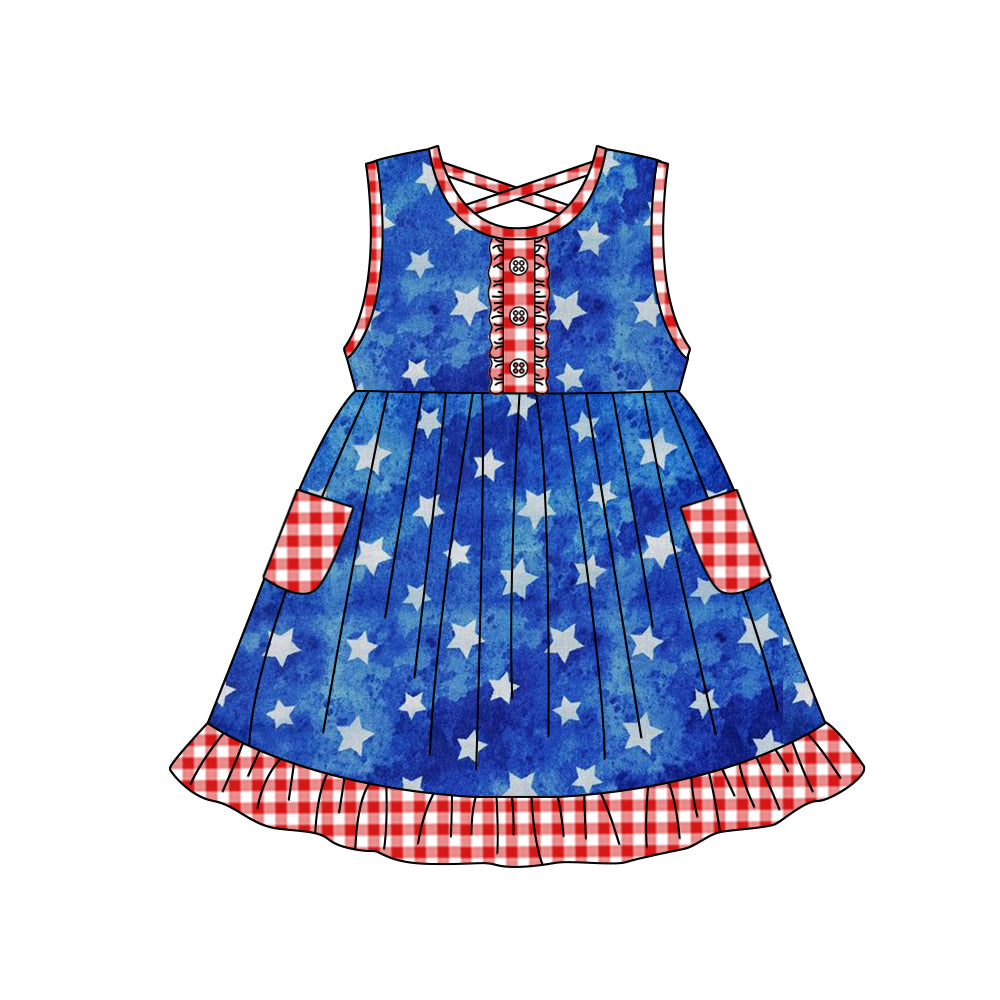 Baby Girls Blue Stars Stars Pockets Knee Length Dresses Preorder(moq 5)