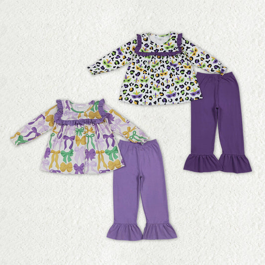 Sibling Baby Girls Mardigras Bows Leopard Masks Tunic Ruffle Pants Clothes Sets