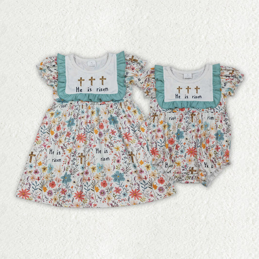 Sibling Baby Girls He is Risen Crosses Flowers Easter Knee Length Dresses Rompers