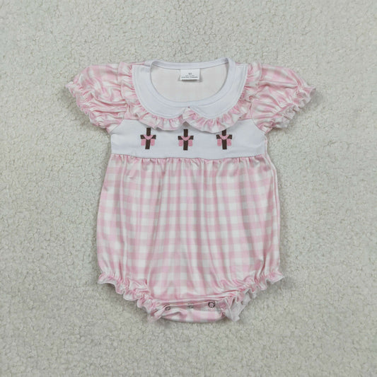 Embroidery Crosses Baby Girls Pink Checked Easter Collar Ruffle Rompers