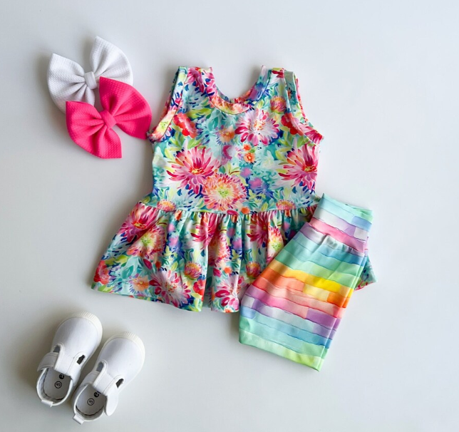 Baby Girls Flowers Tie Dye Tunic Top Stripes Shorts Clothes Sets preorder(moq 5)