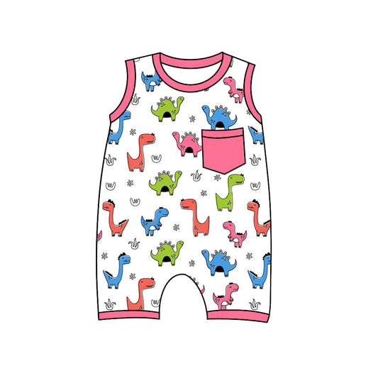 Preorder(moq 5)Baby Infant Boys Sleeveless Colorful Dinosaurs Pocket Top Summer Rompers