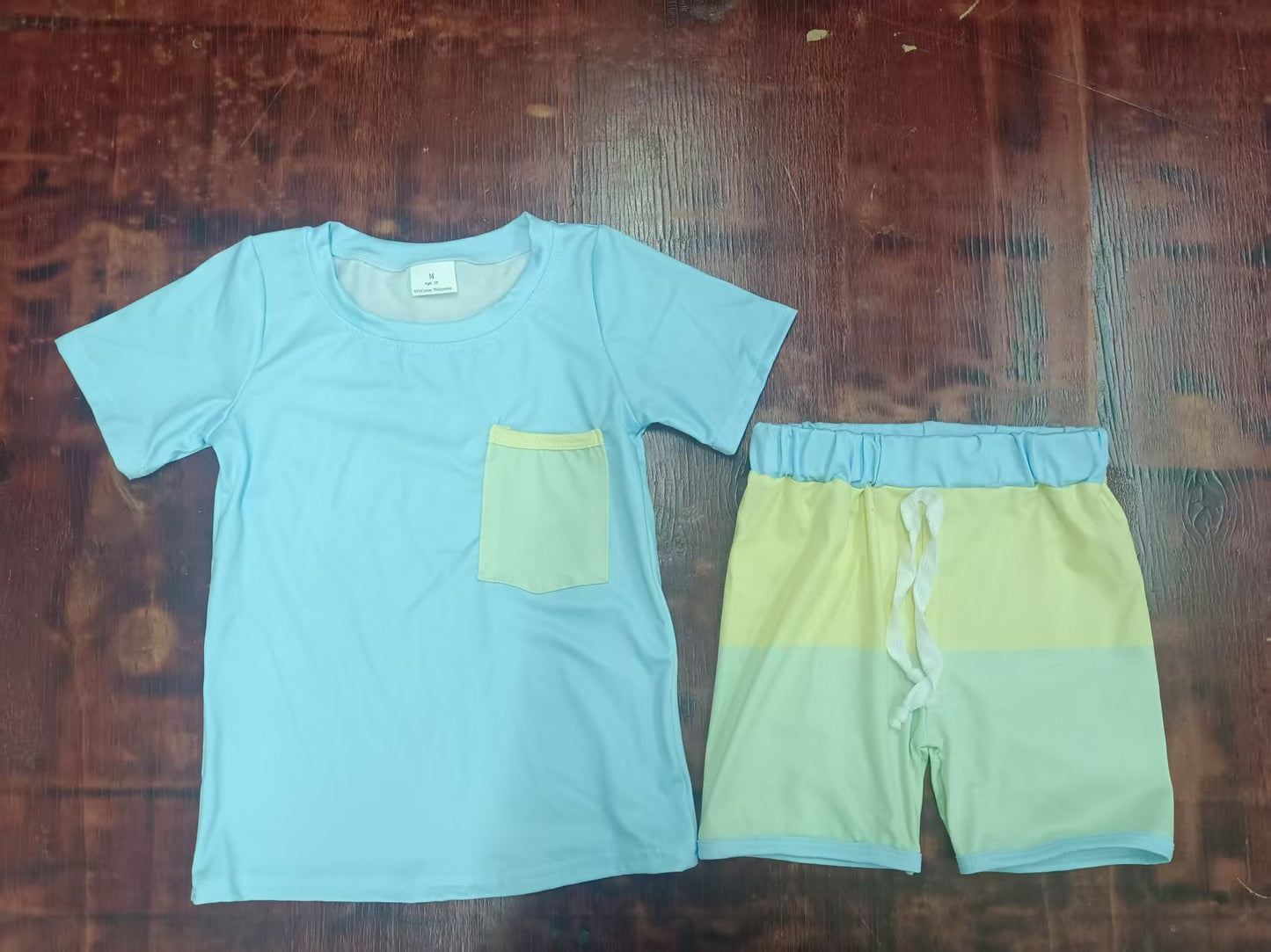 Preorder moq 5 Baby Boys Blue Short Sleeves Pocket Top Yellow Short Set