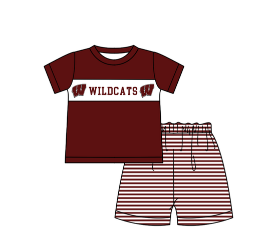 Preorder (moq 5)Baby Boys Dark Red Short Sleeve Wildcats Top Stripe Shorts Team Clothes Sets