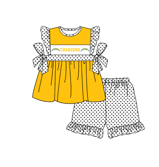 Preorder (moq 5)Baby Girls Flutter Sleeve Chargers Tunic Polka Dots Ruffle Shorts Team Clothes Sets