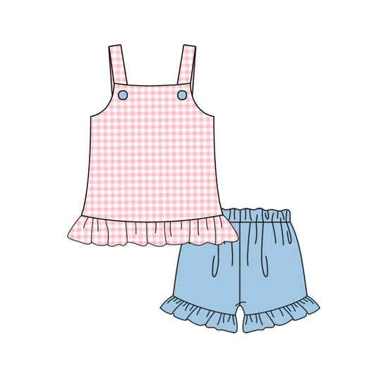 Baby Girls Pink Checkered Shirt Blue Ruffle Shorts Outfits Sets split order preorder May 23th