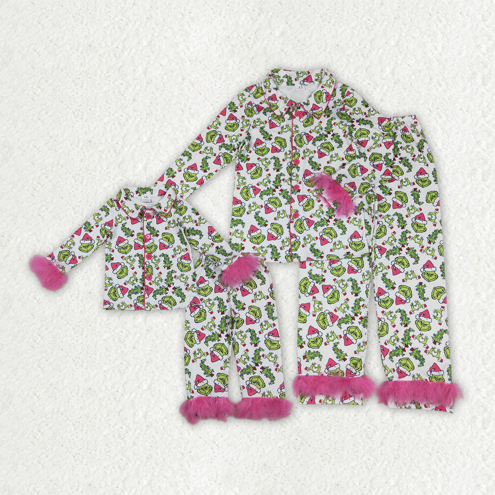 Mama and Me Christmas Fur Green Face Buttons Top Pants Pajamas Sets