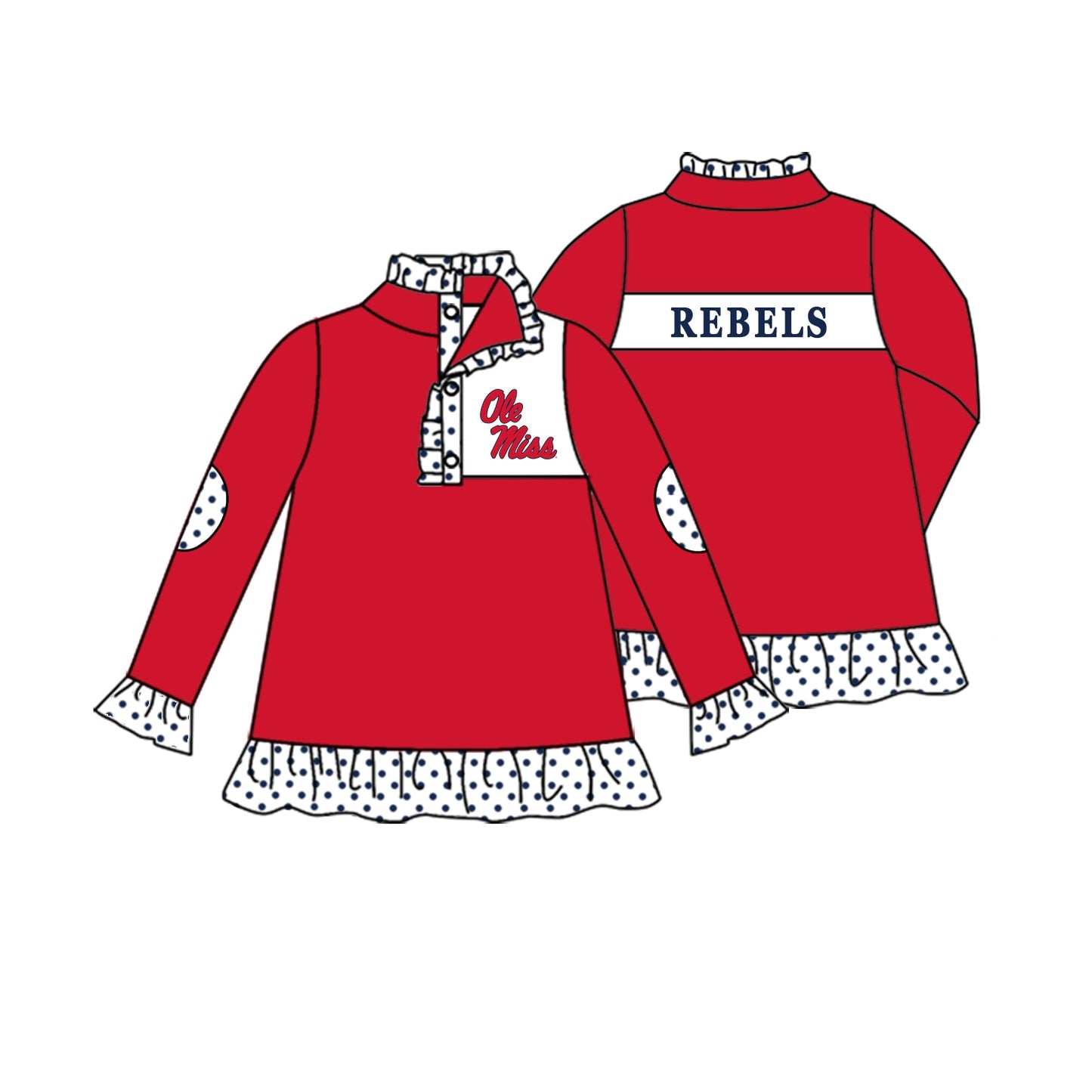 Preorder (moq 5)Baby Girls Red Long Ruffle Sleeve Ole Miss Rebels Team Zip Pullovers Top