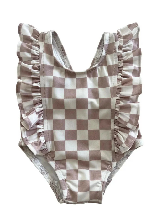Preorder (moq 5)Baby Girls Checkered Ruffles One Piece Swimsuits