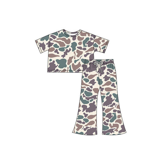 Baby Girls Khaki Green Camouflage Top Bell Pants Kids Clothing Sets preorder(MOQ 5)