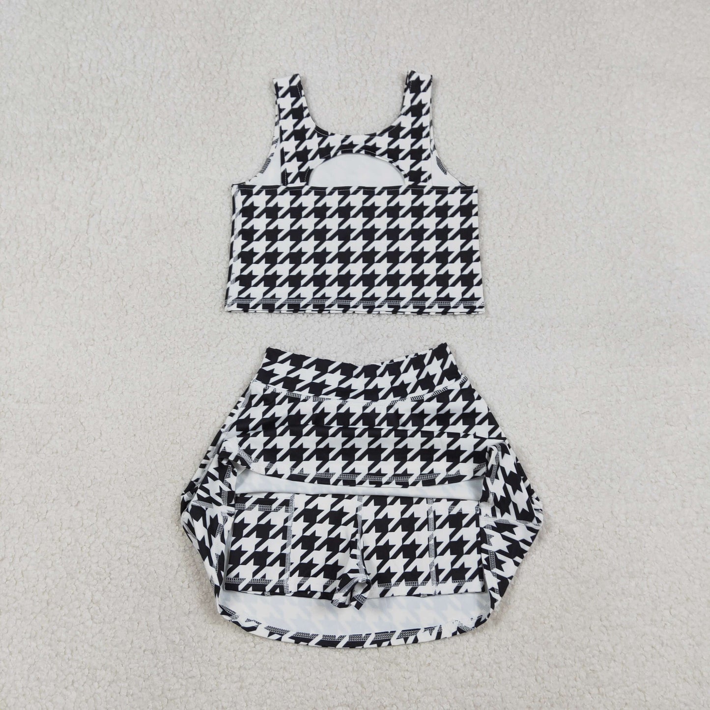 Baby Girls Black Birds Checked Top Skirt Shorts Yoga Clothes Set
