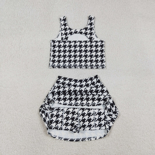 Baby Girls Black Birds Checked Top Skirt Shorts Yoga Clothes Set
