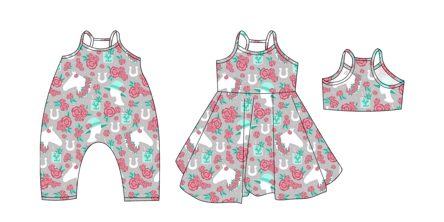 Preorder moq 5 Custom Baby Girls Gray Strap Flowers Horses Knee Length Dresses Rompers
