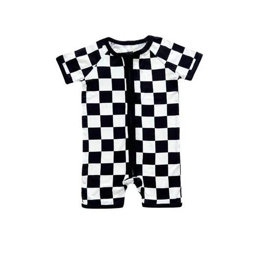 Preorder moq 5 Baby Boys Short Sleeves Black White Plaid Zipper Rompers