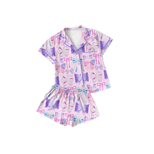Preorder(MOQ 5) Baby Girls Lavender Bows Singer Button Top Shorts Pajamas Clothes Sets