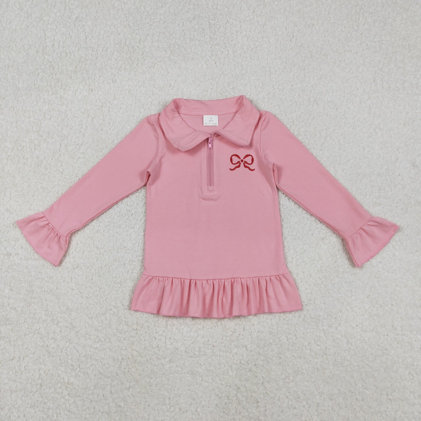 Embroidery Bow Baby Girls Pink Long Ruffle Sleeve Zipper Valentines Pullovers Top