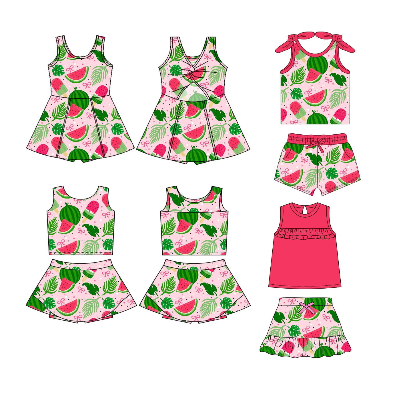 Preorder moq 5 Custom Baby Girls Watercolor Popsicle Top Pockets Short Set Skort Knee Length Dress Skirts Set