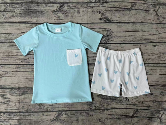 Baby Boys Valentines Blue Hearts Pocket Shirts Shorts Outfits Clothing Sets