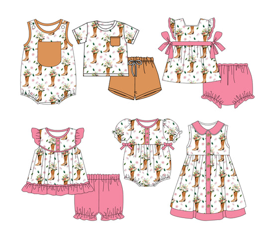 Preorder moq 5 Custom Baby Kids Khaki Pocket Button Boots Floral Top Short Bummies Sets Dresses And Rompers
