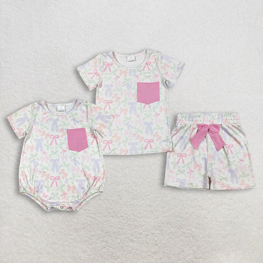Sibling Baby Girls Colorful Bows Pockets Shorts Clothes Set Ruffle Rompers