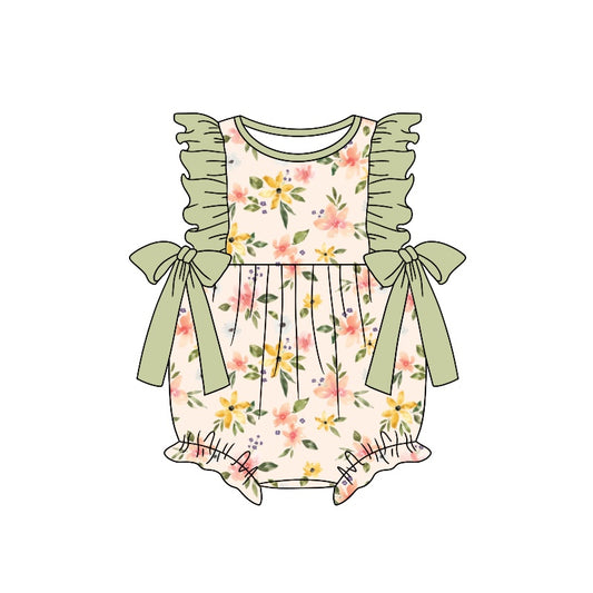 Baby Infant Girls Green Flowers Bows Summer Rompers preorder(moq 5)