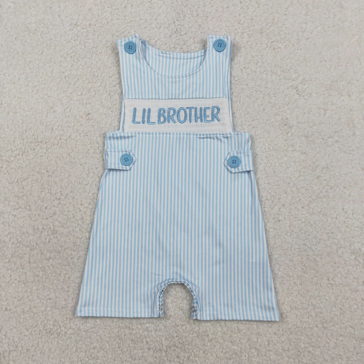 Embroidery Little Brother Baby Boys Sleeveless Blue Stripe Rompers