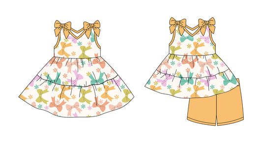 Preorder moq 5 Custom Baby Girls Khaki Colorful Bows Tunic Short Set Knee Length Dresses