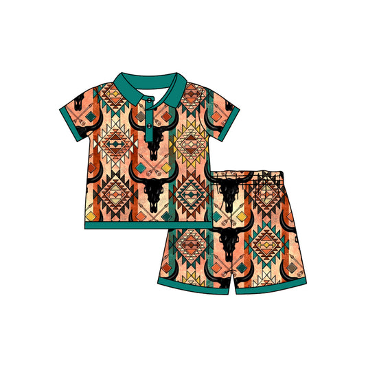 Preorder (moq 5)Baby Boys Western Skull Cow Aztec Pullover Shirt Shorts Clothes Sets