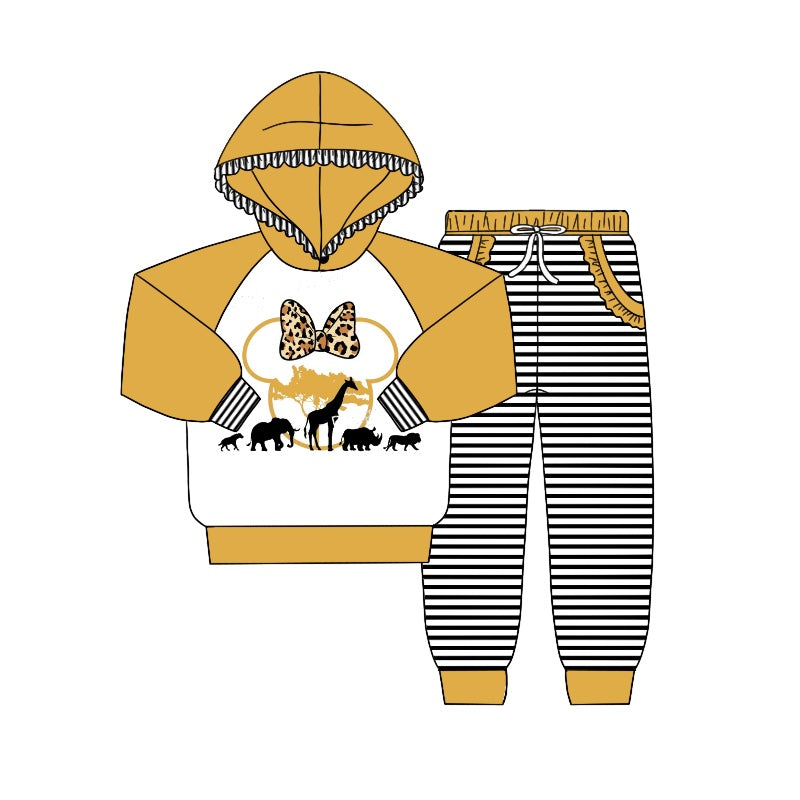 Baby Girls Lion Cartoon Hooded Top Stripes Pants Clothes Sets Preorder(moq 5)