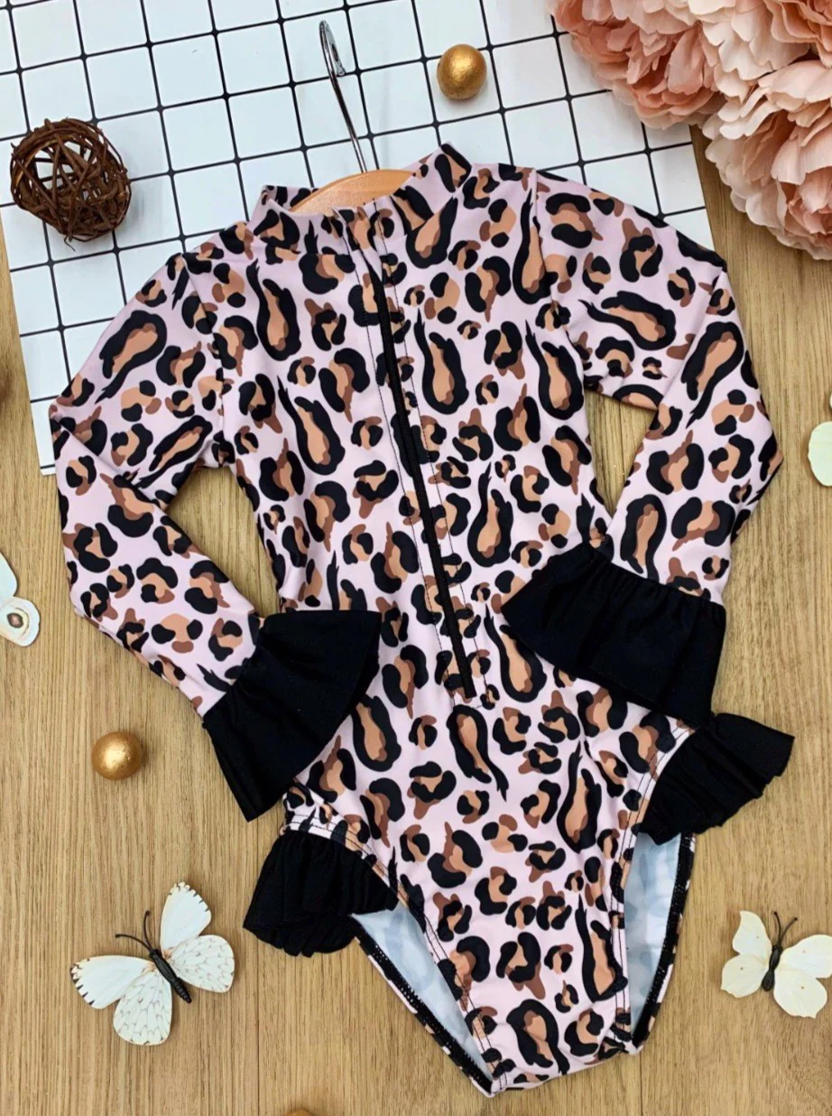 Baby Girls Pink Leopard Long Sleeve Top Ruffle Swimsuits preorder(moq 5)