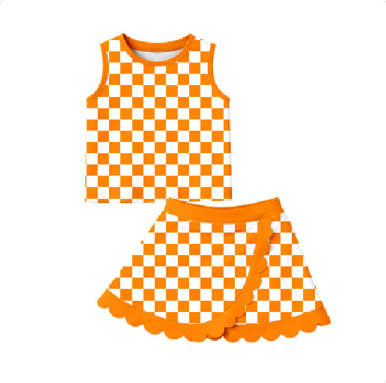 Preorder moq 5 Baby Girls Orange Checked Vest Scallop Skirt Short Yoga Active Clothes Set