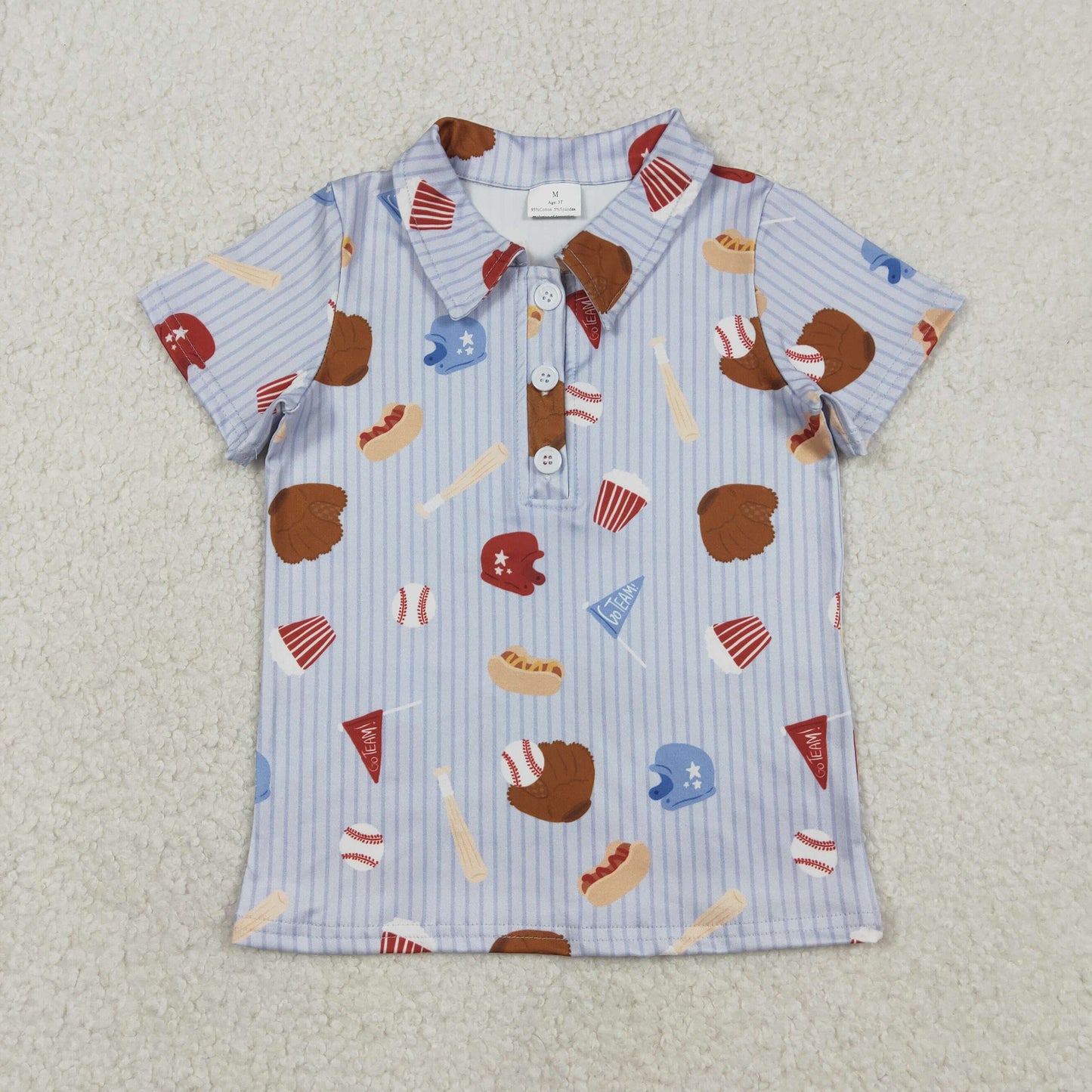 Baby Boys Blue Stripe Baseballs Team Button Polo Shirts Top
