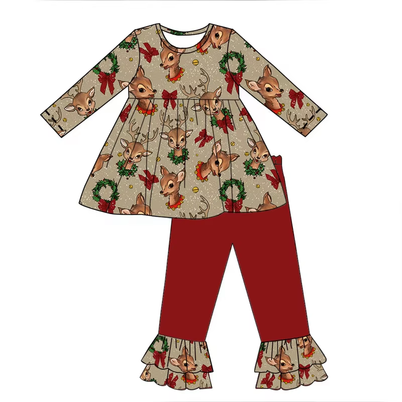 Baby Girls Christmas Deer Tunic Top Ruffle Pants Clothes Sets Preorder(moq 5)