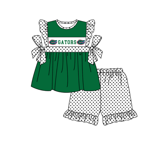 Preorder (moq 5)Baby Girls Green Gators Tunic Polka Dots Ruffle Shorts Team Clothes Sets
