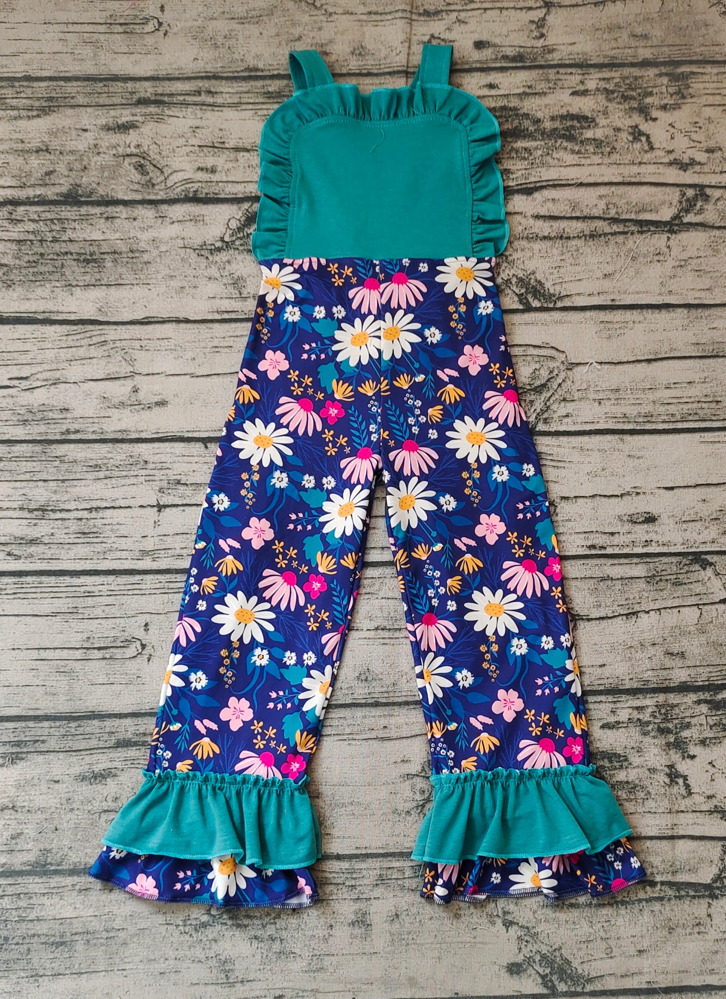 Baby Girls Dark Green Daisy Flowers Straps Ruffle Pants Jumpsuits