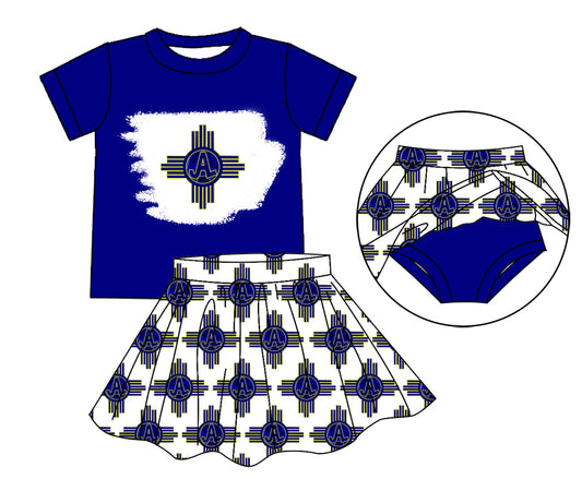 Preorder (moq 5)Baby Girls Blue JAL Top Bummie Skorts Team Sets