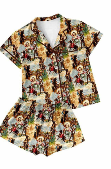 Preorder(moq 5)Adult Women Western Cowgirls Buttons Tee Shirts Shorts Pajamas Sets