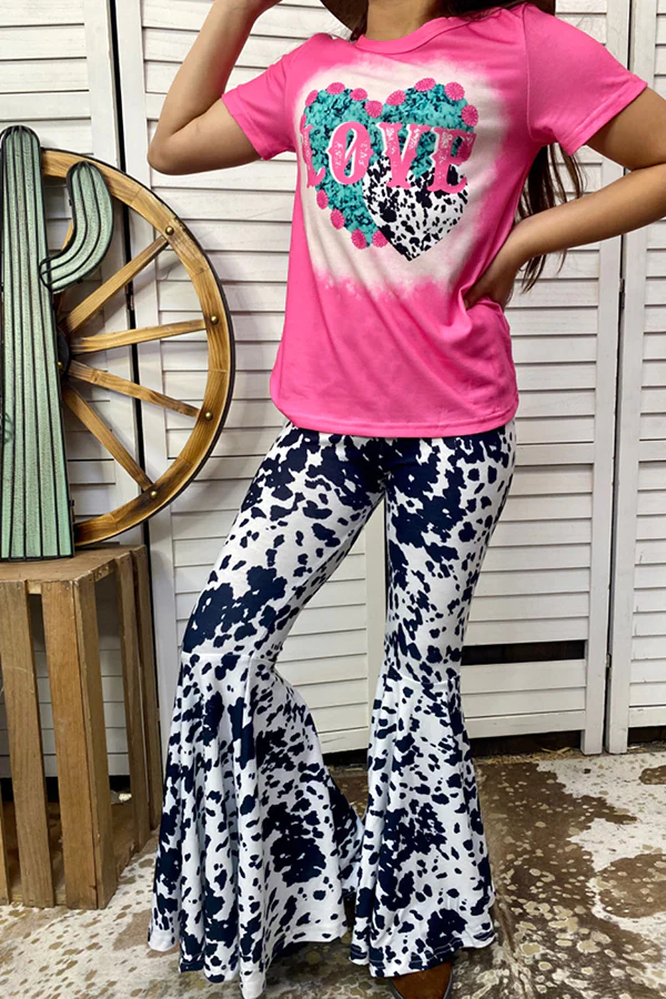 Baby Girls Valentines Heart Tee Shirts Cow Print Pants Clothes Sets preorder(moq 5)