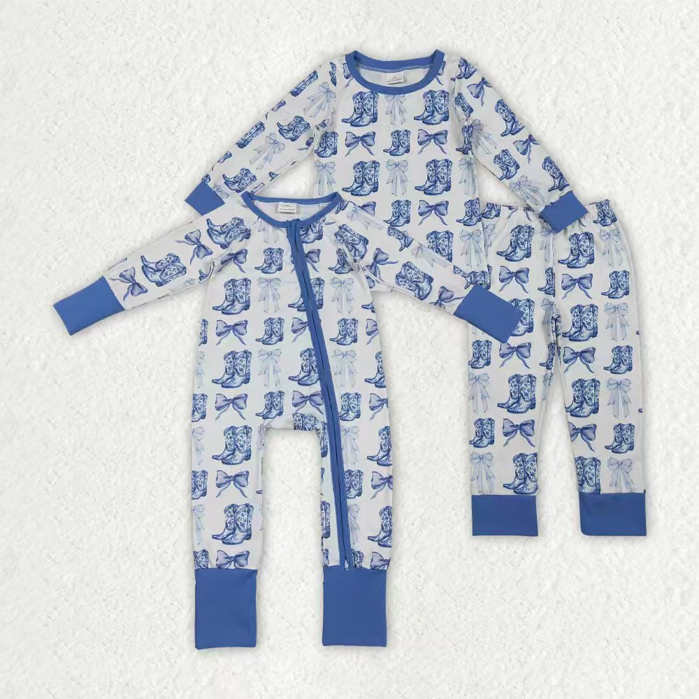 Sibling Baby Girls Blue Bows Pants Top Pants Western Pajamas Set Zipper Rompers