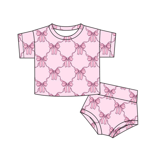 Baby Girls Pink Bows Short Sleeve Tee Shirts Top Bummie Sets preorder(moq 5)