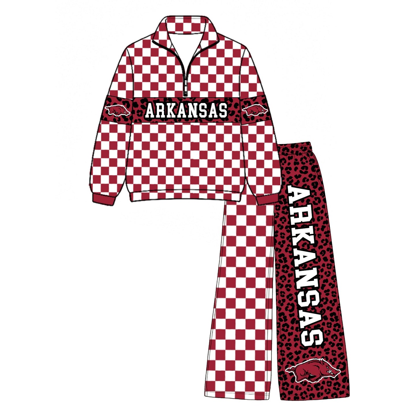 Preorder(moq 5)Baby Boys Red Checked Leopard Arkansas Zip Pullover Pockets Pants Team Clothes Sets